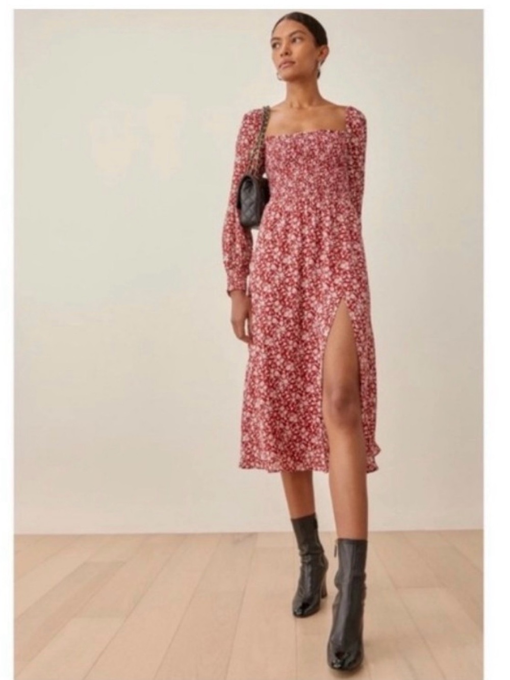 Reformation Red Floral Square-Neck Midi Dress with Side Slit